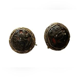 Antique Buddah wrapped in ribbon Chinese export filagree Screw earrings Cinnabar